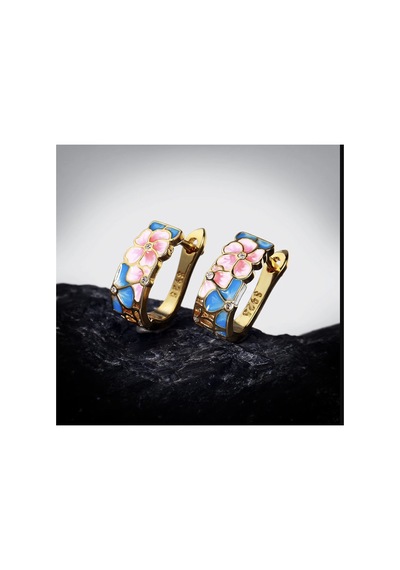Glaze Blossom El Yapımı Emaye 925 Ayar Gümüş Özel Çiçekli Tasarım Kolye Küpe Seti Mavi - Yeşil
