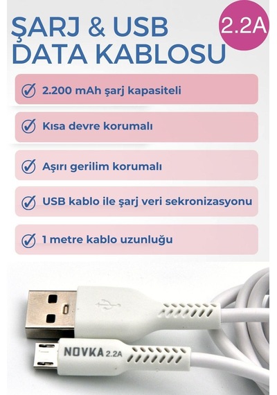 Novka NVK03 Micro/USB 2.2 A 1 M Şarj Ve Data Kablosu Beyaz