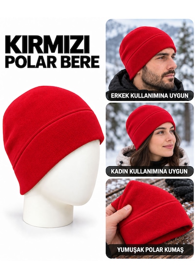 Unisex Polar Bere, Kadın Ve Erkek Uyumlu, Kışlık Yumuşak Polar Bere Kırmızı