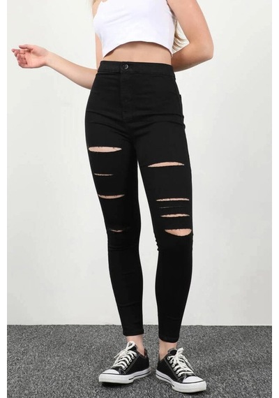 Yırtık Siyah Yüksek Bel Skinny Fit Jean Likralı Cepsiz Tayt Pantolon