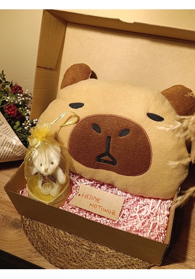 Kutulu Hediye Seti / Capybara Yastık 30cm, Ayıcık Anahtarlık Ve Kalp Şeklinde Tüllü Kutu