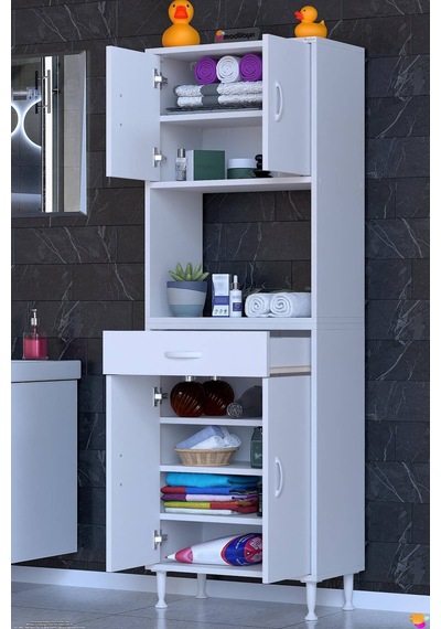 Arda 55 Cm 4 Kapaklı 7 Raflı Ve Çekmeceli Çok Amaçlı Banyo Dolabı 55 Cm
