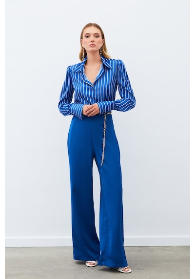 Sateen Zincirli Saten Krep Pantolon - İndigo-134887 İndigo