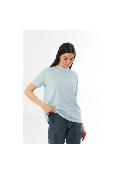 Kallima Açık Mavi Dik Yaka Rahat Kalıp  Pamuk T-Shirt Açık Mavi