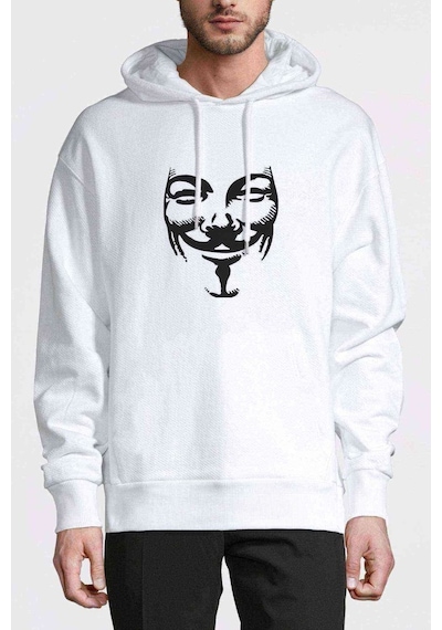 V For Vandetta Mask Baskılı Beyaz Erkek Kapşonlu Sweatshirt