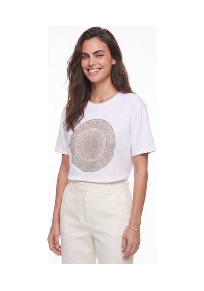 Onloox Kadın Beyaz Beyaz Pamuklu Bisiklet Yaka Basic Form Önü Taş Detaylı Kısa Kollu Penye T-shirt