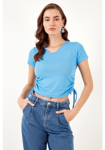 Lela Slim Fit V Yaka Yanları Büzülebilir Bayan Bluz 5864011 Mavi
