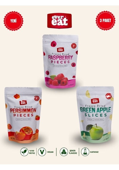 Evereat Frambuaz-cennet Hurması-elma Freeze Dry Meyve Cipsi 3'lü Paket Doğal Atıştırmalık 1 Adet