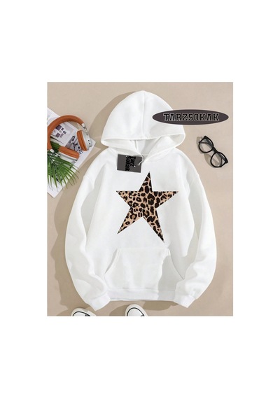 Tarzsokak Kapşonlu Sweatshirt Beyaz Leopar Yıldız Özel Tasarım