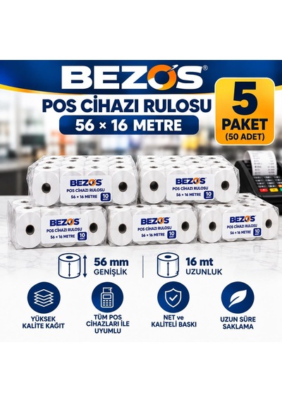 Termal Pos Cihazı Rulosu 56 Mm X 16 M - 50 Adet 5 Paket Yazar Kasa Slip Rulosu