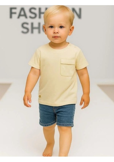Çikoby Erkek Bebek Basic Cep Detaylı Tshirt-15856 Krem