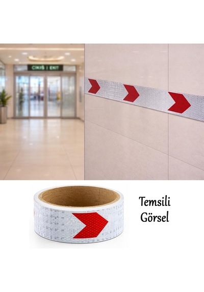 Yapışkanlı En 5 Cm 1 Metre Kırmızı Beyaz Petekli Ok Yönlendirme Reflektörlü Reflektif Şerit Bant