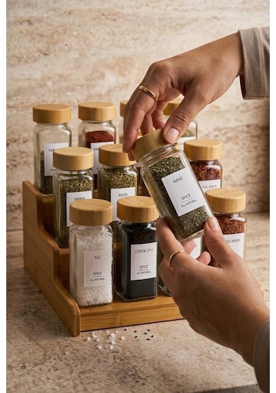 Atbyhome 13 Parça Bambu Standlı Baharatlık Seti - 12 Adet 120 Ml Cam Baharat Takımı Beyaz - Kahverengi