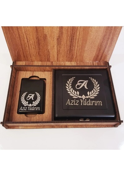 Kişiye Özelahşap Kutulu Metal Çakmak & Metal Sigara Tabakası