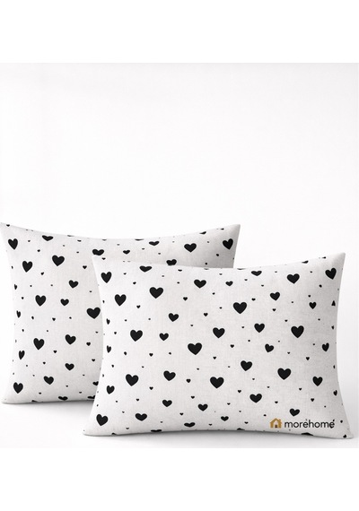 More Home Pamuklu Yastık Kılıfı 2 Adet 50 X 70 Cm Kalp Desenli Siyah Beyaz