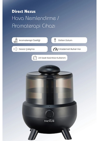 Direct Nexus Ultrasonik Buhar Makinesi Humudifier / Aromaterapi Cihazı Diffüzör 2 Litre 6 Kademeli - Siyah Renk