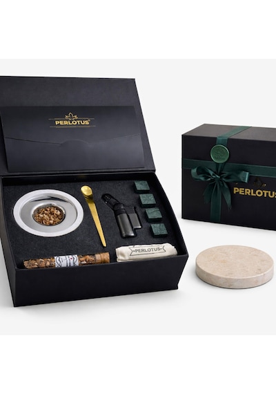Perlotus Mermer Viski Tütsüleme Aparatı Premium Hediye Kutulu Çakmak, Soğutma Taşları Talaş Seti Bej