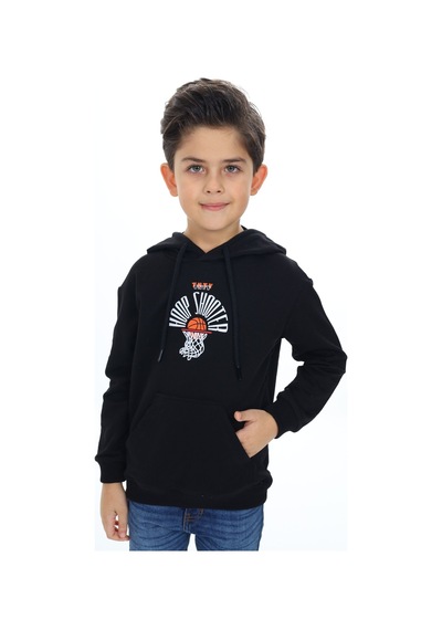 Toontoy Kids Erkek Çocuk Relax Fit Kapüşonlu Cepli Hafif Düşük Omuz Baskılı Sweatshirt Siyah