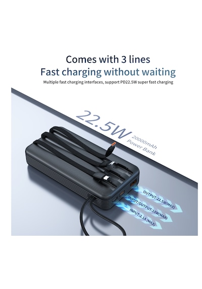 Hepu Hp-252 Powerbank 20.000 Mah 22.5w Hızlı Dahili Çoklu Kablolu, Dijital Göstergeli Siyah