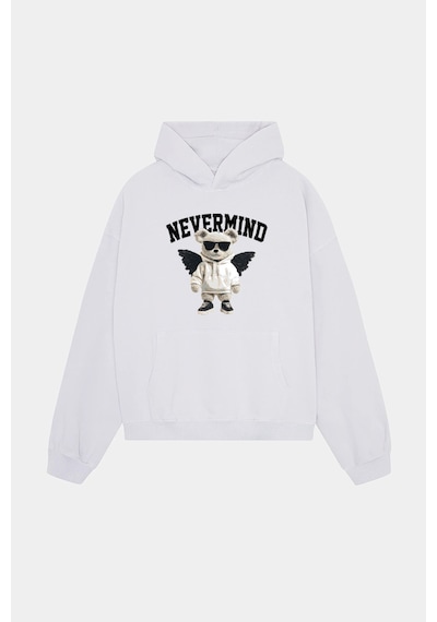 Nevermind Trendy Oversize Beyaz Kapüşonlu Sweatshirt Koleksiyon