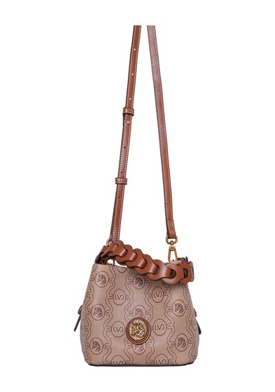 Levidor Monogram Baskılı Örme Kulp Detaylı Küçük Boy Kadın El Çantası Camel