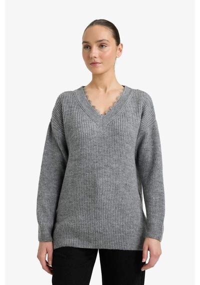 Defacto Oversize Geniş Kalıp V Yaka Triko Kazak G6653ax25wngr156 Gri-gr156