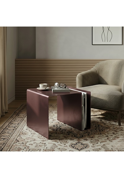 Modern Metal Yan Sehpa /dergilik Bölmeli /minimal Orta Sehpa Bordo