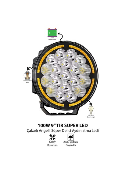 Tır Kamyon Traktör 9 İnç Led Sis Farı Angel Halka Metal Kasa 100 W Süper Delici Aydınlatma 12-24v