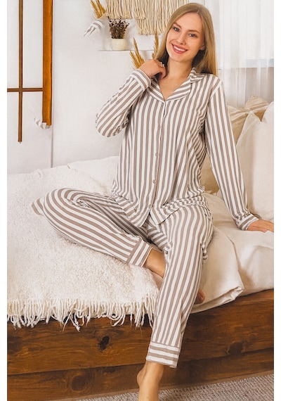 Remsa Kadın Çizgili Desen Suprem Düğmeli Pijama Takımı 0496 Vizon01 Vizon01
