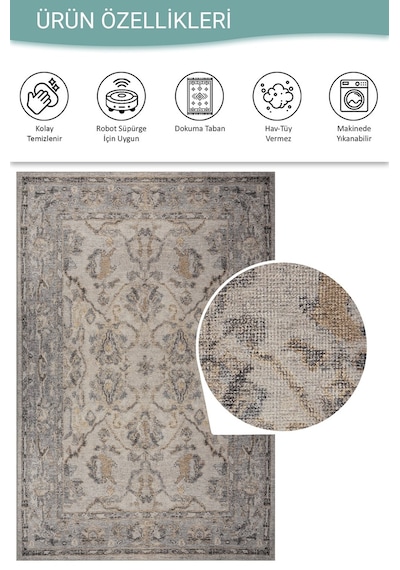 Relic Gri Vintage Dokulu Klasik Desenli Dokuma Tabanlı Şönil Halı Al 520 Bej