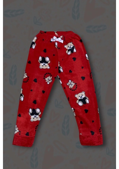 Kız Çocuk Göz Bantlı Peluş Polar Pijama Takımı Koyu Kırmızı
