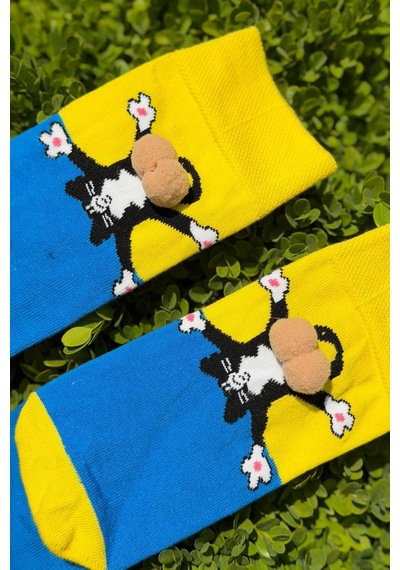 Lousocks Unisex Sarı Mavi Renk Bloklu Kedi Desenli Ponpon Soket Çorap