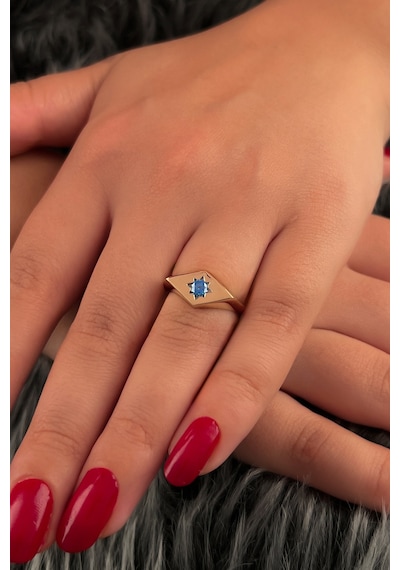 Fiyonk Kuyumculuk 14 Ayar Altın Aquamarine Taş Detaylı Dörtgen Yüzük 001