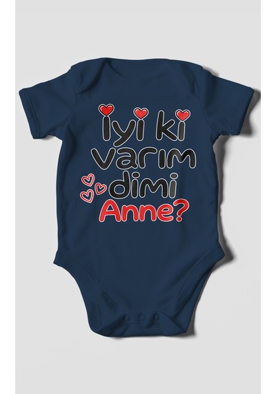 Morivokids İyi Ki Varım Dimi Anne Kısa Kollu Bebek Body %100 Pamuk Lacivert
