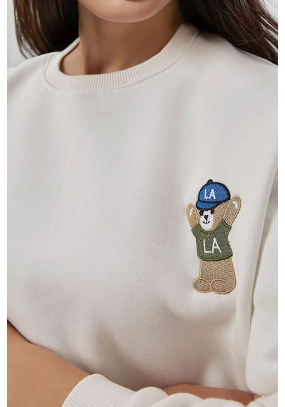 Hiccup İşlemeli Pamuklu Sweatshirt Tozlu Beyaz