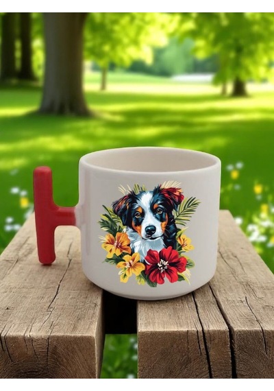Çiçek Ve Köpek Baskılı 3'lü Kırmızı Kulplu Seramik Kupa Bardak Beyaz