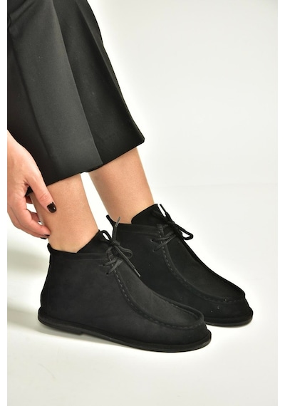 Fox Shoes V846926302 Siyah Süet Düz Tabanlı Bağcıklı Kadın Bot Siyah
