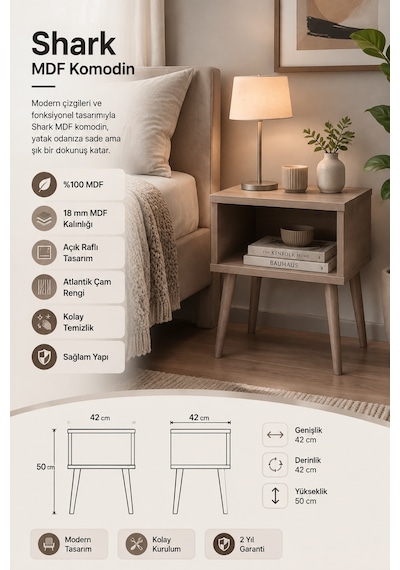 Renazzo %100 Mdf Shark Komodin - Çekmecesiz Atlantik Çam