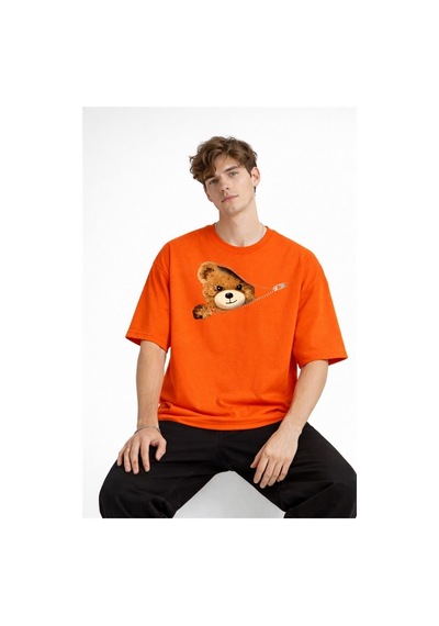 Alemdarshop Mn - Bear Baskılı Oversize Tişört Turuncu