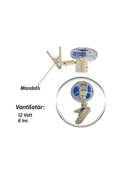 Ahmet Otomotiv Oto Vantilatör Mandallı Döner Başlıklı Araç Içi Fan 12 Volt