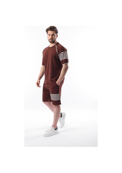 Madmext Acı Kahve Baskılı Reglan Kol Erkek Şort T-shirt Takımı E7306 Acı Kahverengi