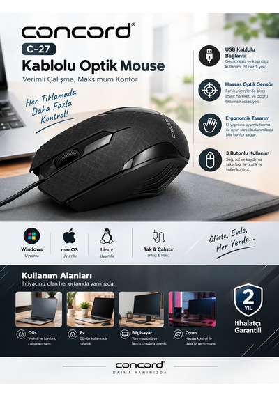 Concord C-27 Kablolu Optik Mouse Ergonomik 3 Butonlu Siyah Bilgisayar Faresi C27