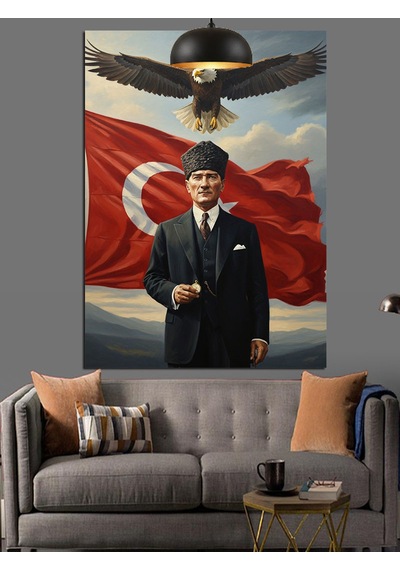 Dalgalanan Bayrak Atatürk Ve Gökteki Kartal Dekoratif Kanvas - Mdf Ahşap Tablo