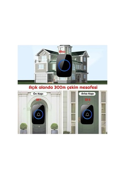Kablosuz Kumandalı Kapı Zili Led Işıklı 60 Melodi 300 Metre Mesafe Ev Ofis Depo
