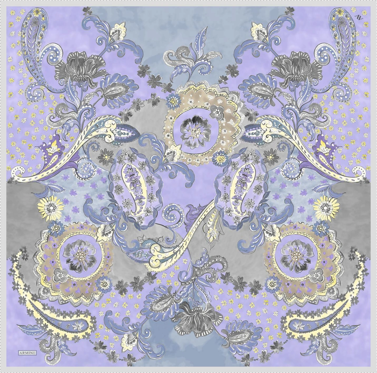 Armine Etnik Desenli Saf İpek Twill Eşarp 9338d 82 Lila