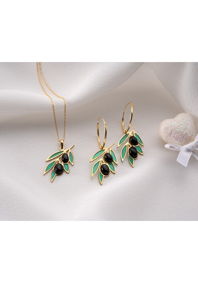 925 Ayar Onix Taşlı Zeytin Küpe Kolye Set.rose.gold.rodaj Zeytin Gümüş