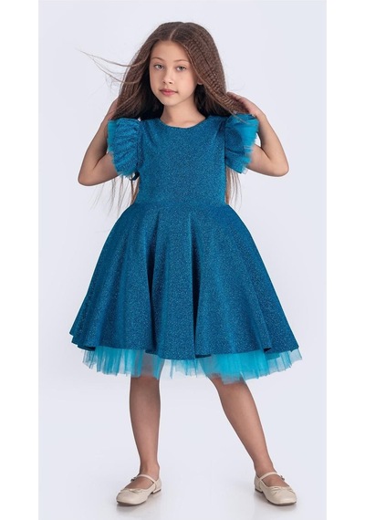 Mnk Baby & Kids Simli Şanzelize Kız Çocuk Abiye Elbise M00669 Turkuaz