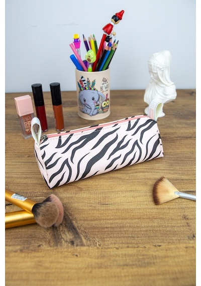 Kalem Kutusu Pastel Renk Zebra Pembe-siyah Vegan Deri Kalemlik V