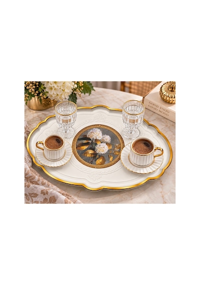 2 Li Büyük Boy Gold Dekoratif Sunum Tepsisi Seti 48x38 / 36x27,5 Cm Kalın Dayanıklı Plastik Çay Kahve Servis İkram Tepsisi 5 Farklı Model Krem