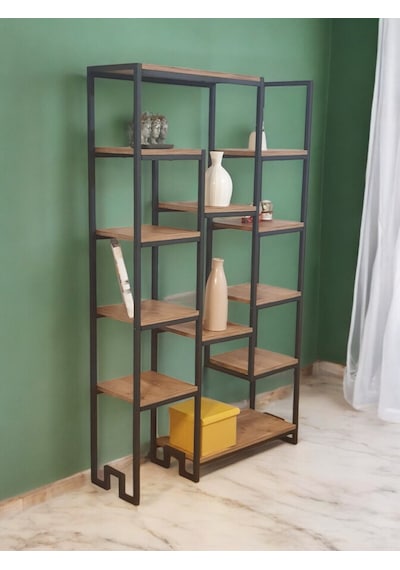 Çam Rengi Ahşap Raflı Metal Kitaplık 12 Raflı Ünite